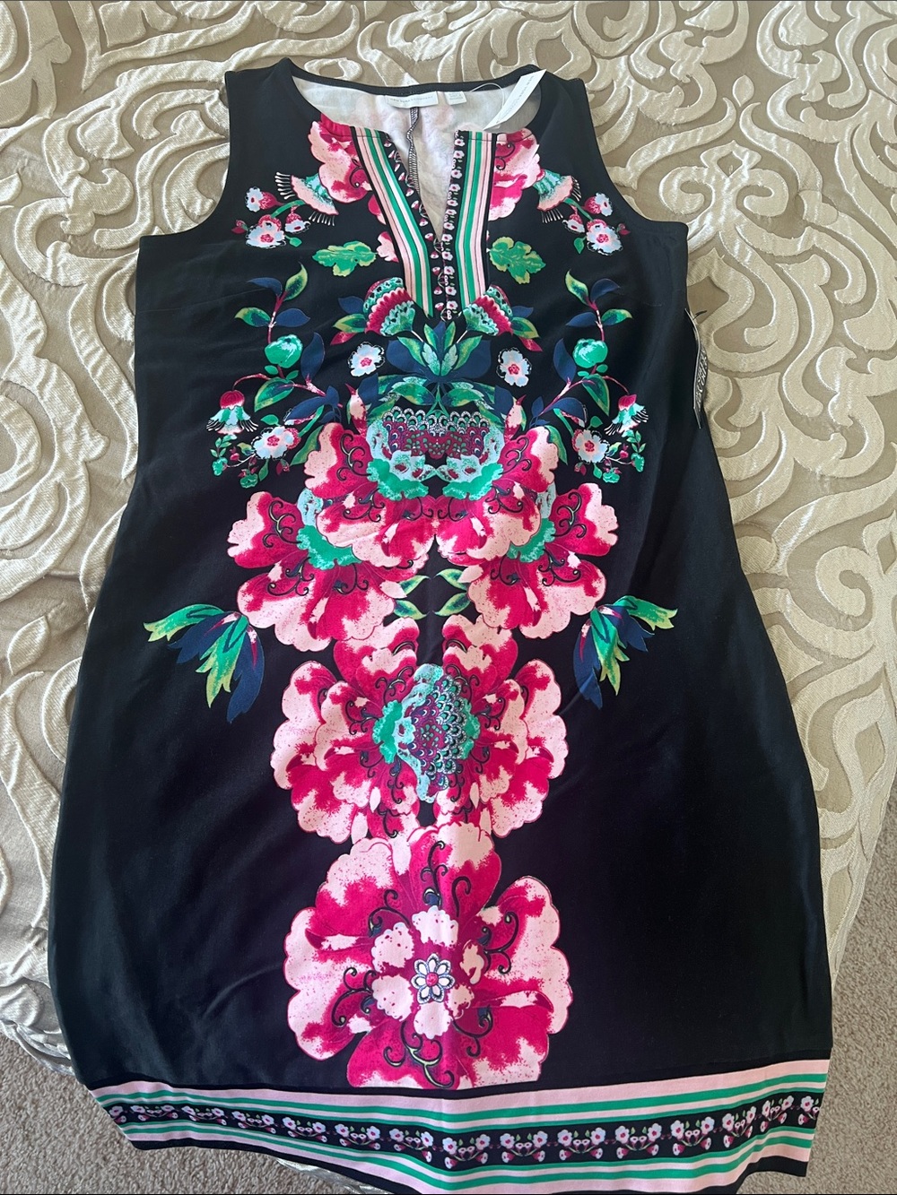 New York & Company Black Floral Midi Dress with Pink and Green Embellishment